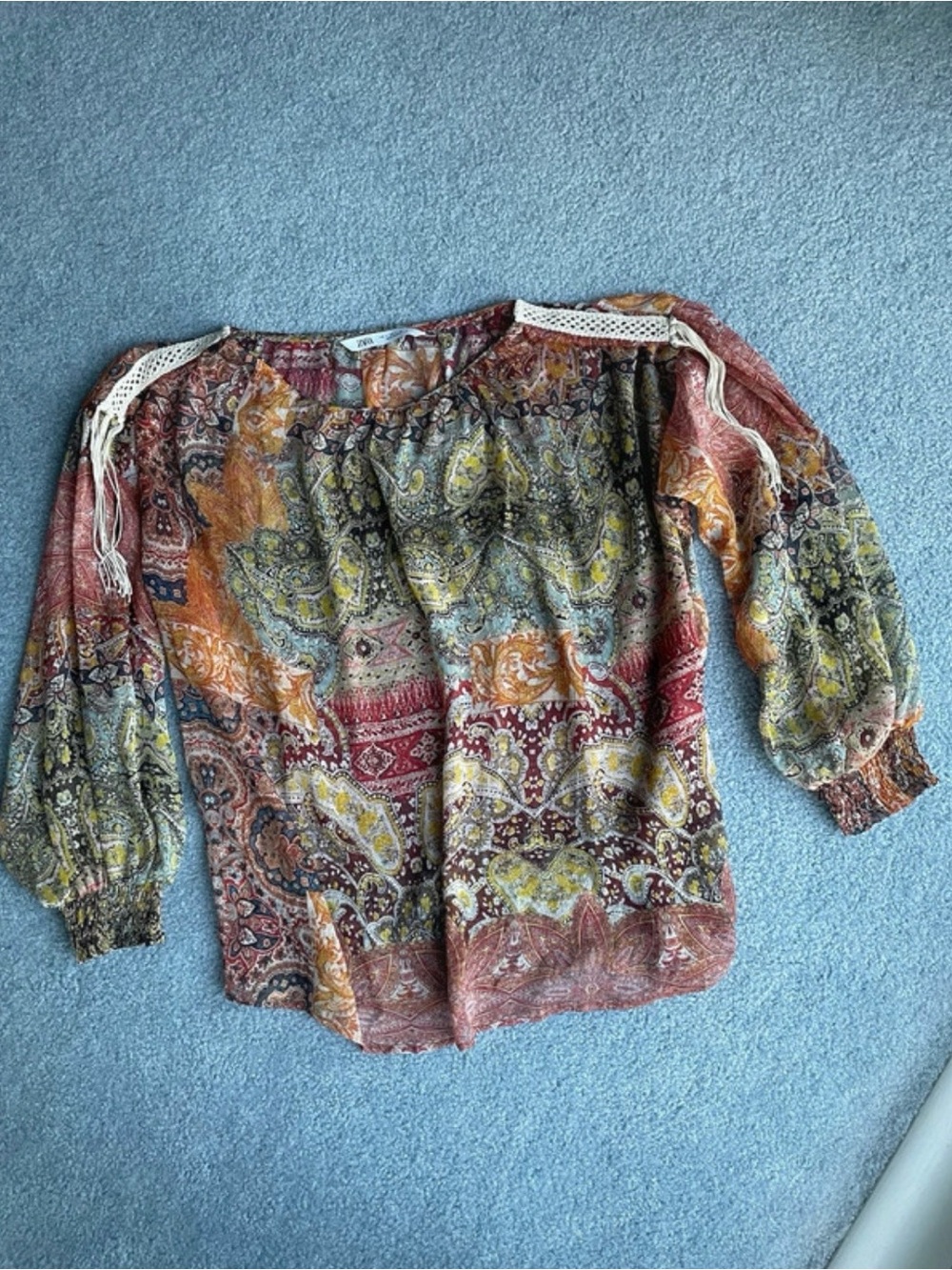 Zara Multicolor Paisley Blouse with Tassel Shoulders